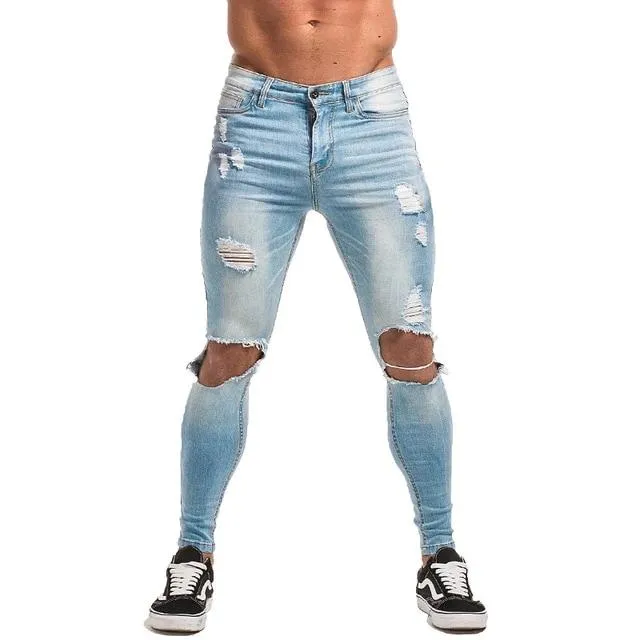 3715 Light Blue Repaired Knee Out Skinny Jeans