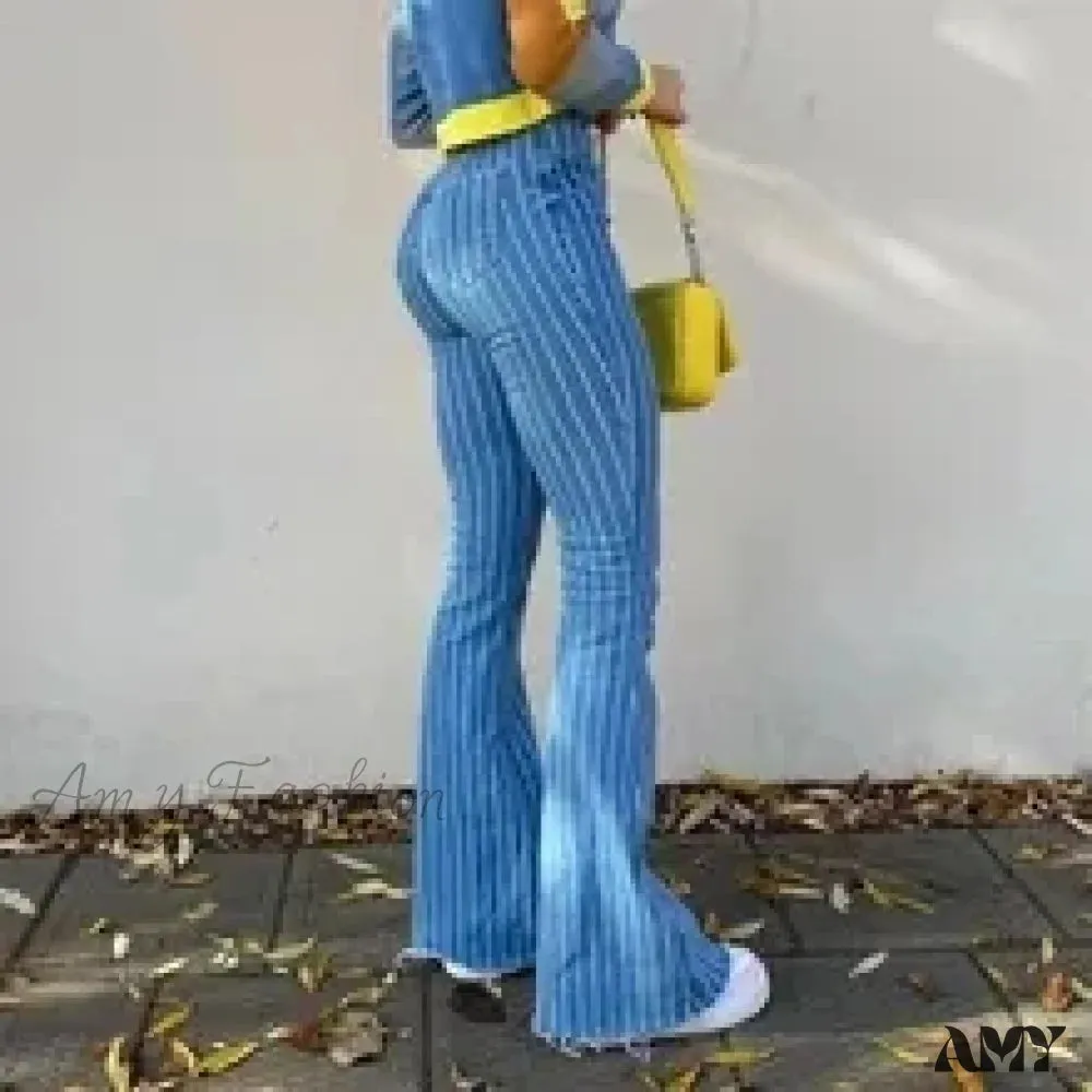 Amy Fashion - Stretch Women Flare Lady Vintage Blue Striped Plaid Hips Wrap High Waist Lady Streetwear Y2K Punk Denim Jean