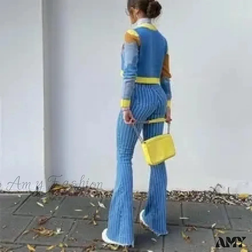 Amy Fashion - Stretch Women Flare Lady Vintage Blue Striped Plaid Hips Wrap High Waist Lady Streetwear Y2K Punk Denim Jean