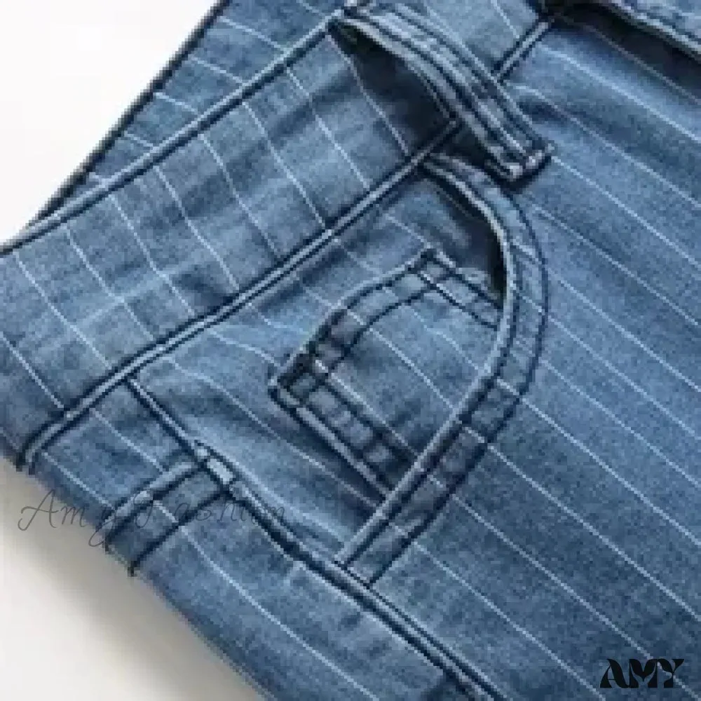 Amy Fashion - Stretch Women Flare Lady Vintage Blue Striped Plaid Hips Wrap High Waist Lady Streetwear Y2K Punk Denim Jean