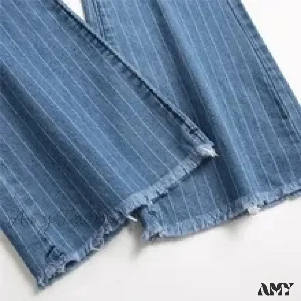 Amy Fashion - Stretch Women Flare Lady Vintage Blue Striped Plaid Hips Wrap High Waist Lady Streetwear Y2K Punk Denim Jean