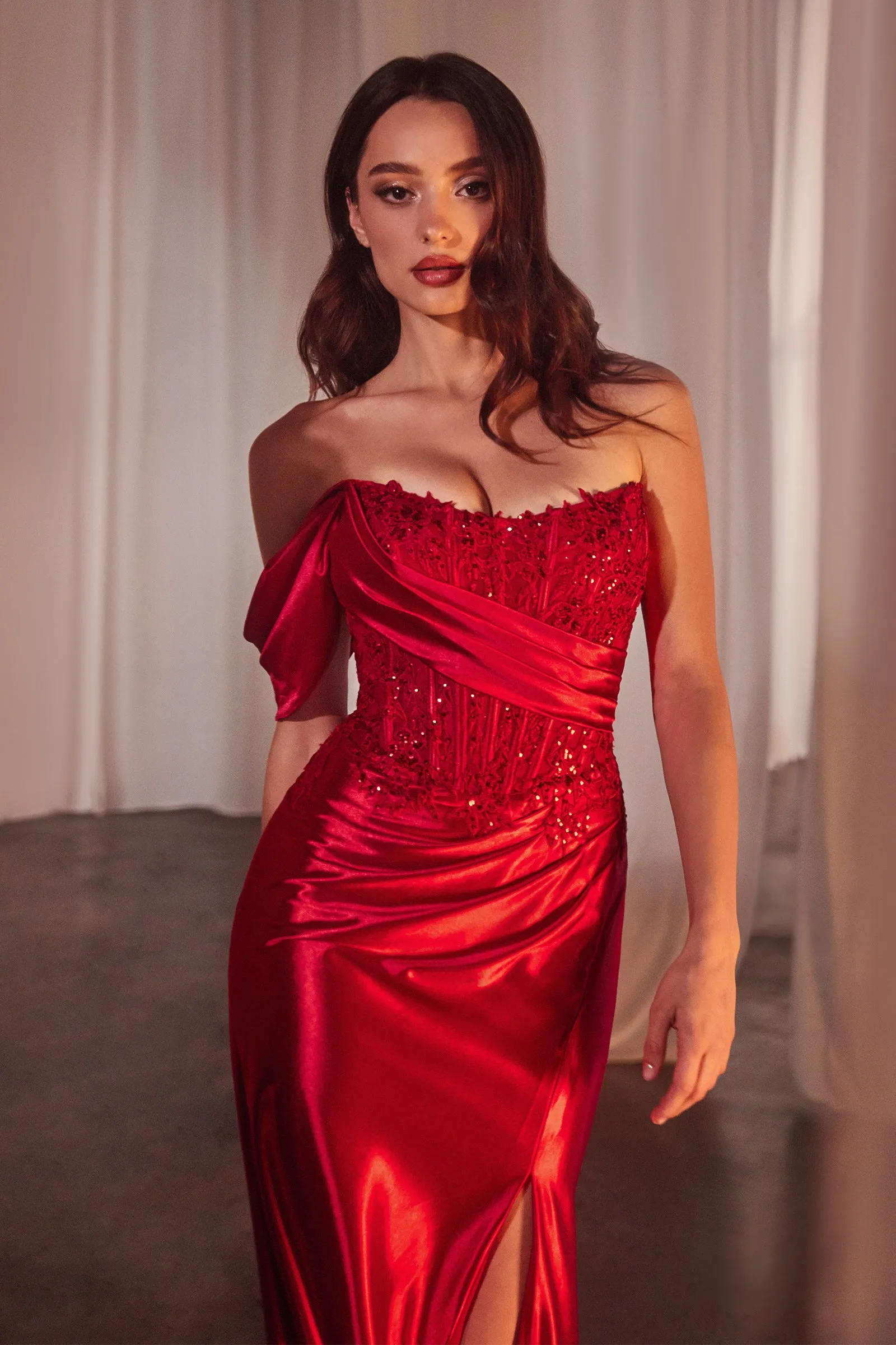 Applique One Off Shoulder Satin Slit Gown by Ladivine CD804