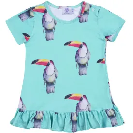 Aqua Green Toucan Short Sleeve Frill Dress