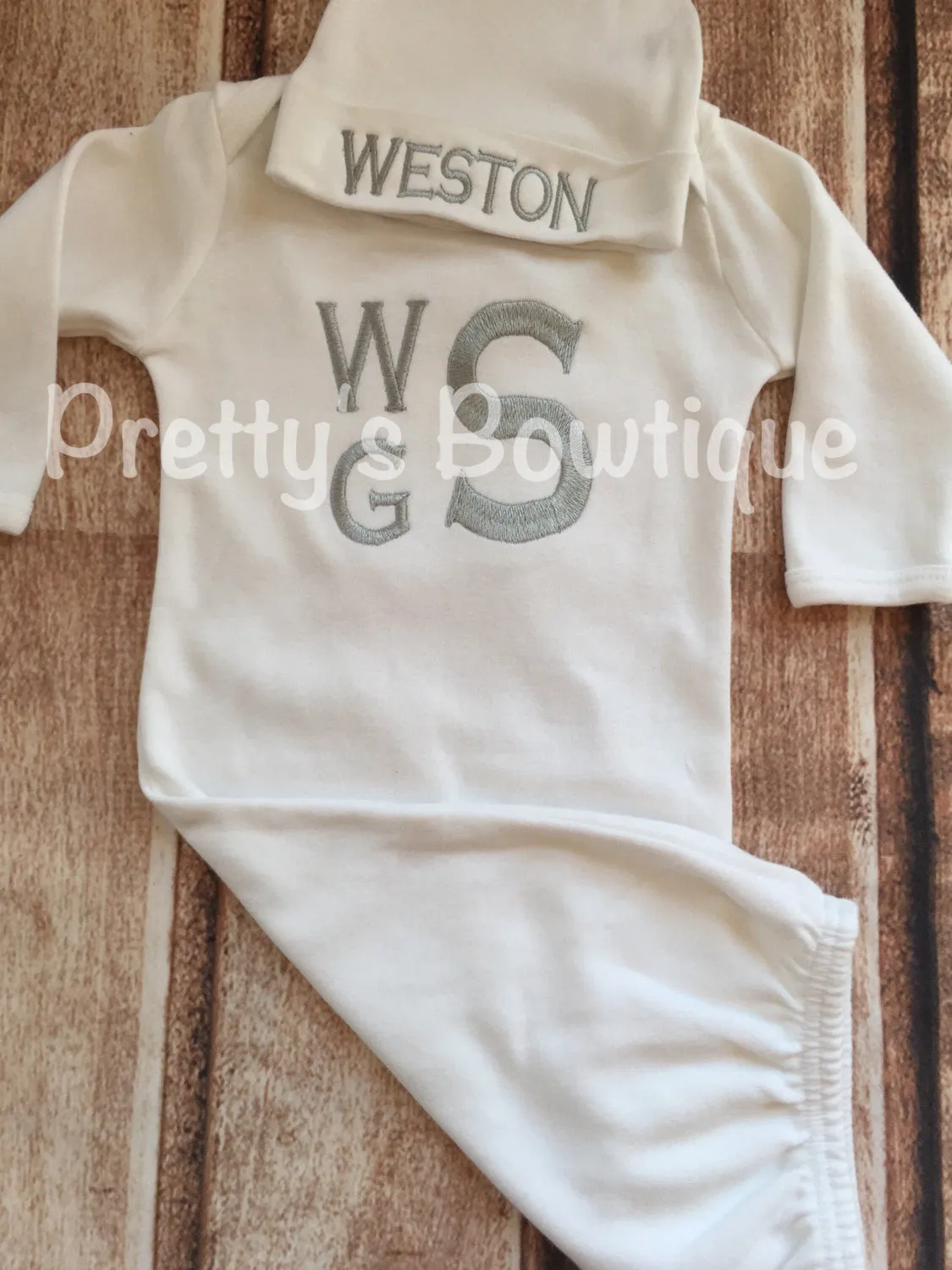 Baby Boy Coming home outfit  Monogram gown and hat - Monogramed newborn gown and gown -- baby shower gift