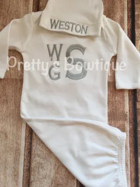 Baby Boy Coming home outfit  Monogram gown and hat - Monogramed newborn gown and gown -- baby shower gift