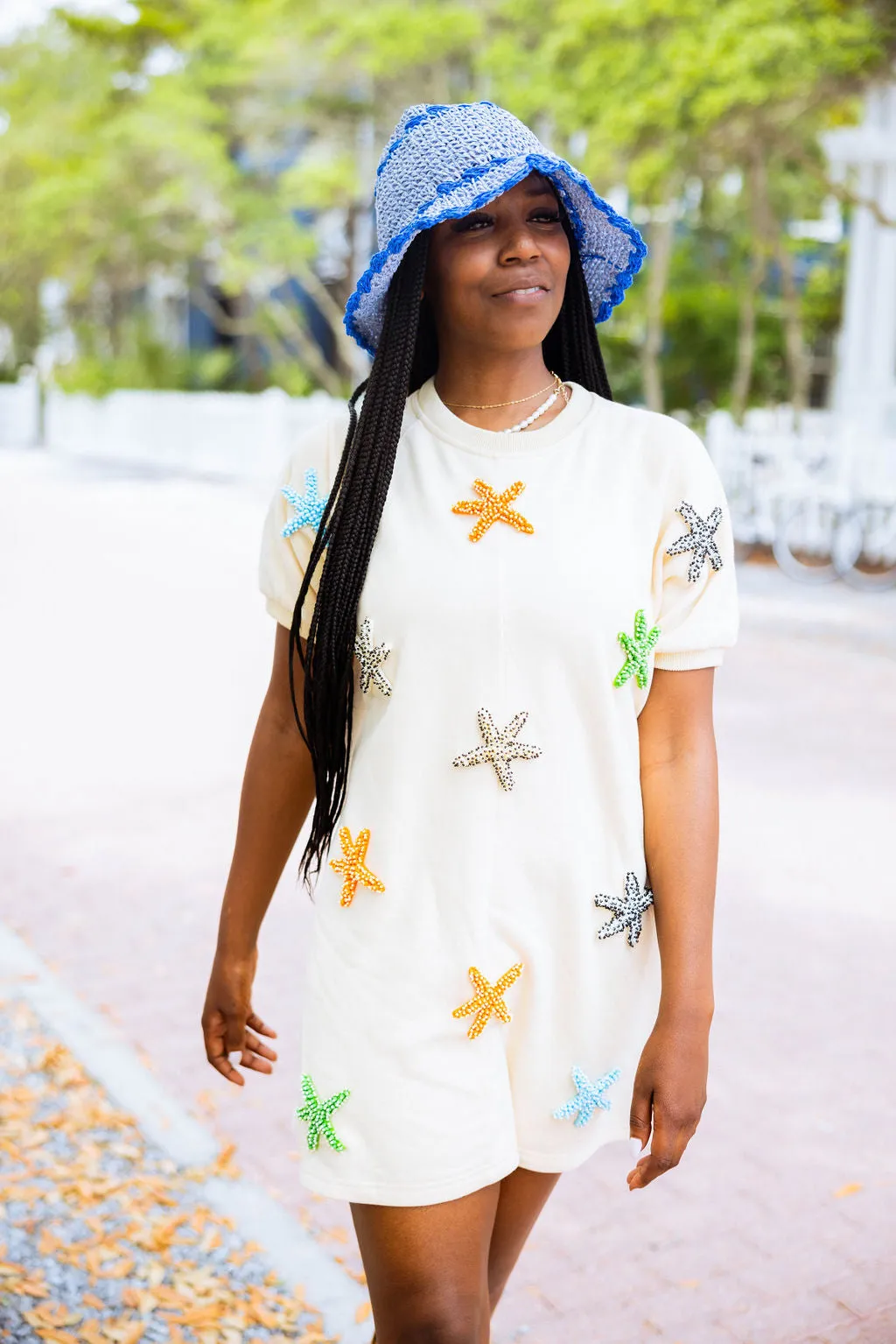 Beige Beaded Starfish Short Sleeve Dress