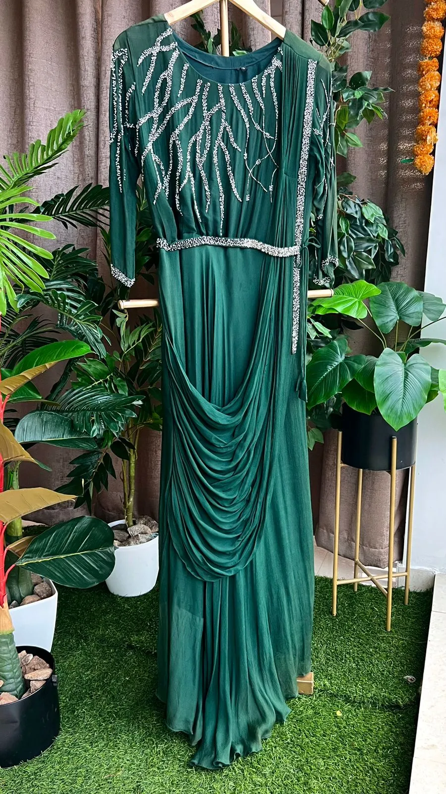 Bottle green marble embroidery hand worked gown