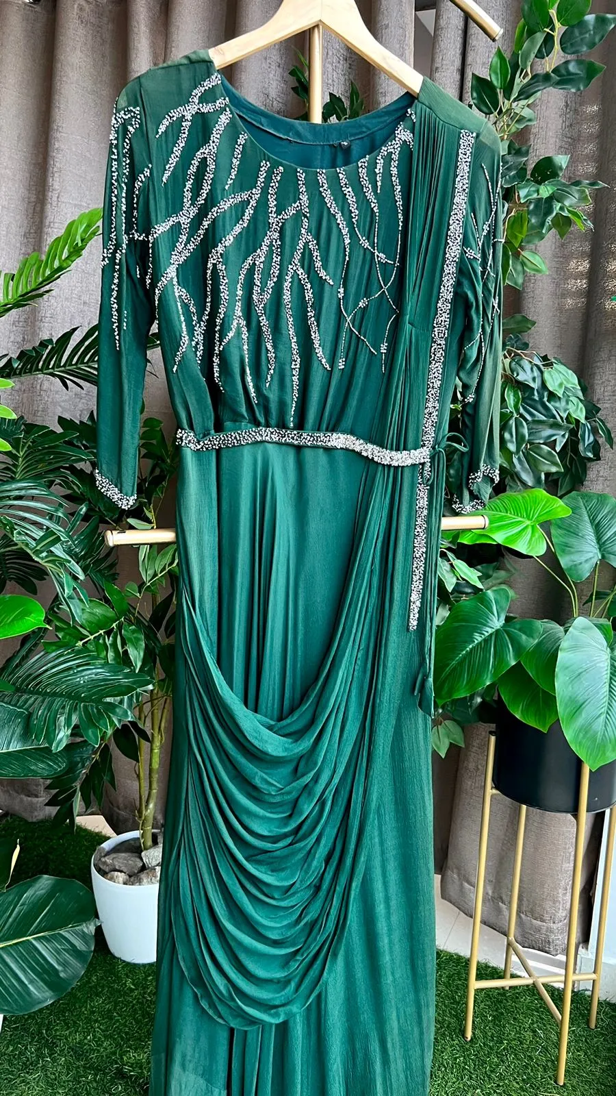 Bottle green marble embroidery hand worked gown