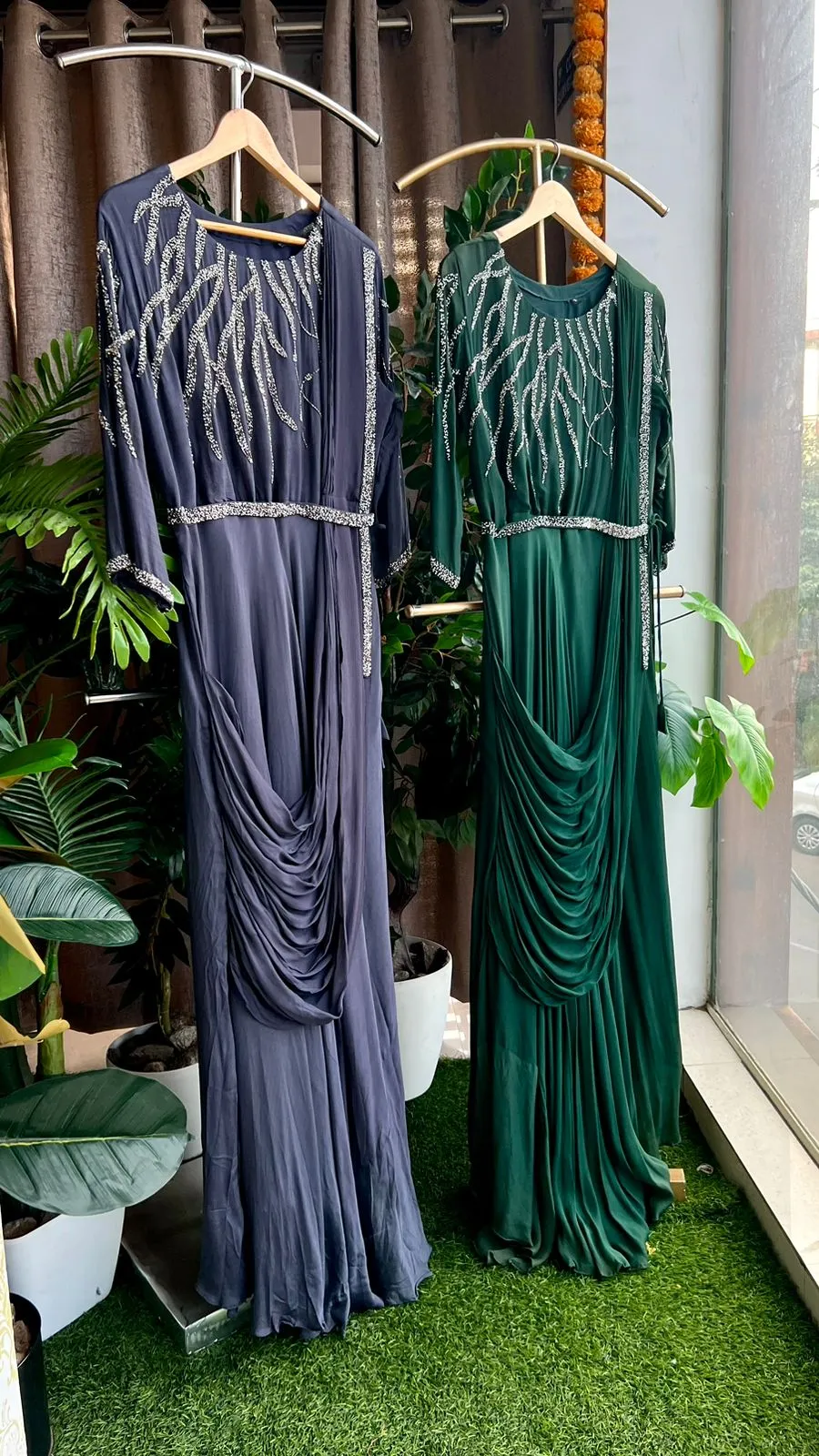 Bottle green marble embroidery hand worked gown