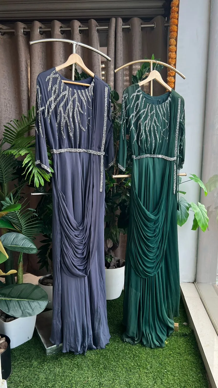 Bottle green marble embroidery hand worked gown