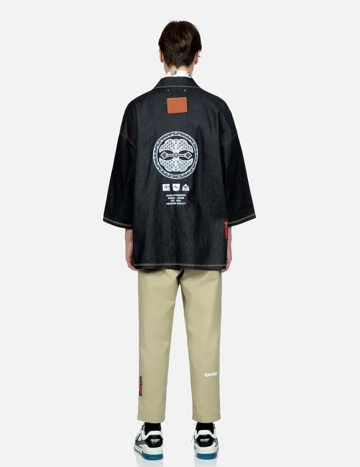 Brocade-pattern Kamon Print Denim Kimono