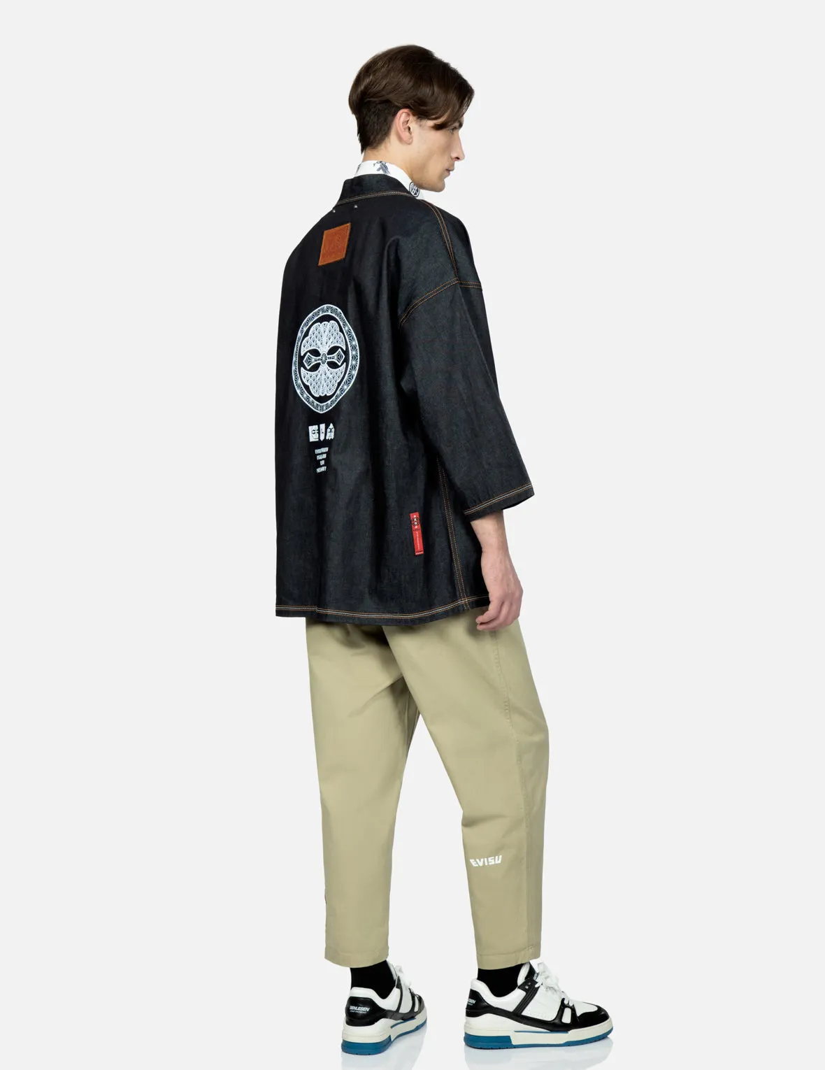 Brocade-pattern Kamon Print Denim Kimono