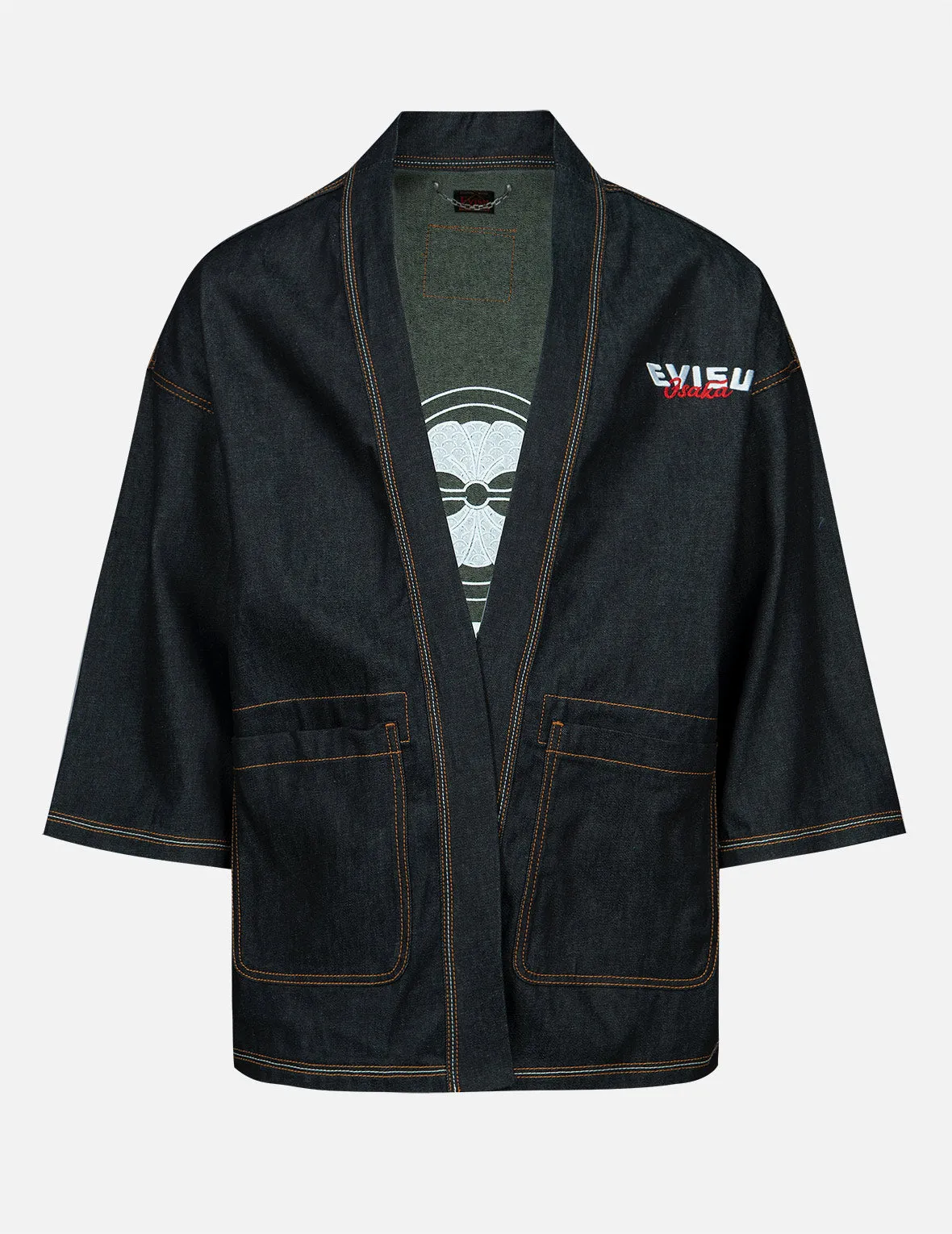 Brocade-pattern Kamon Print Denim Kimono