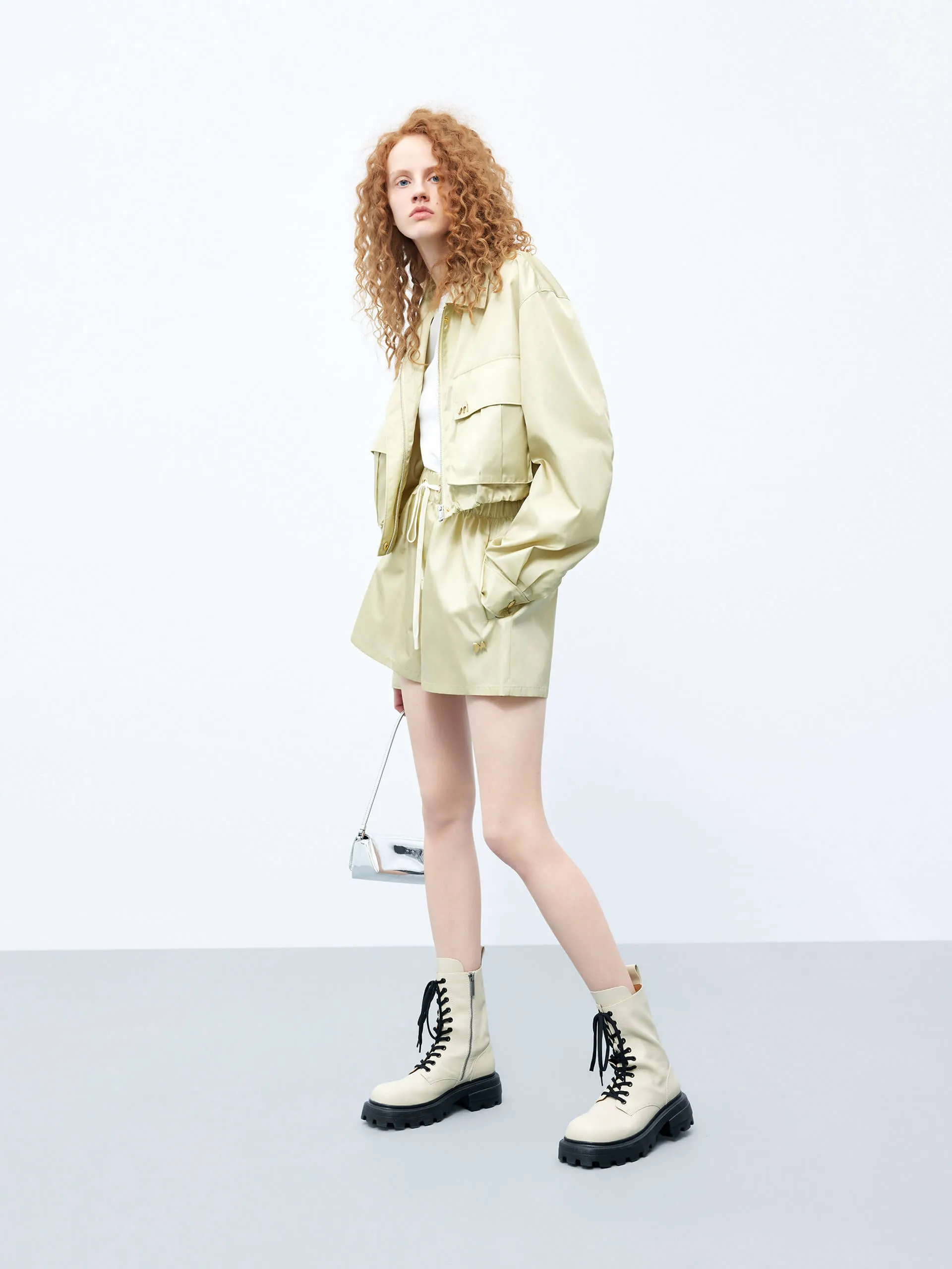 Cropped Drawstring Hem Coat