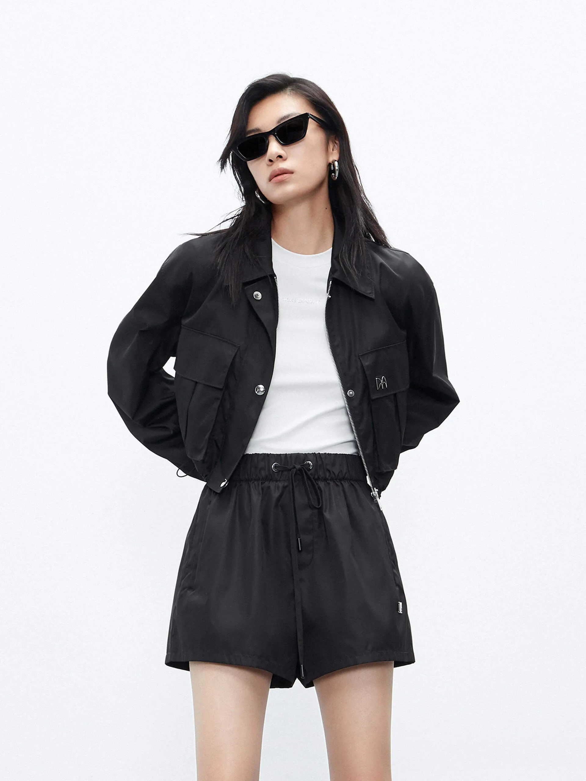 Cropped Drawstring Hem Coat