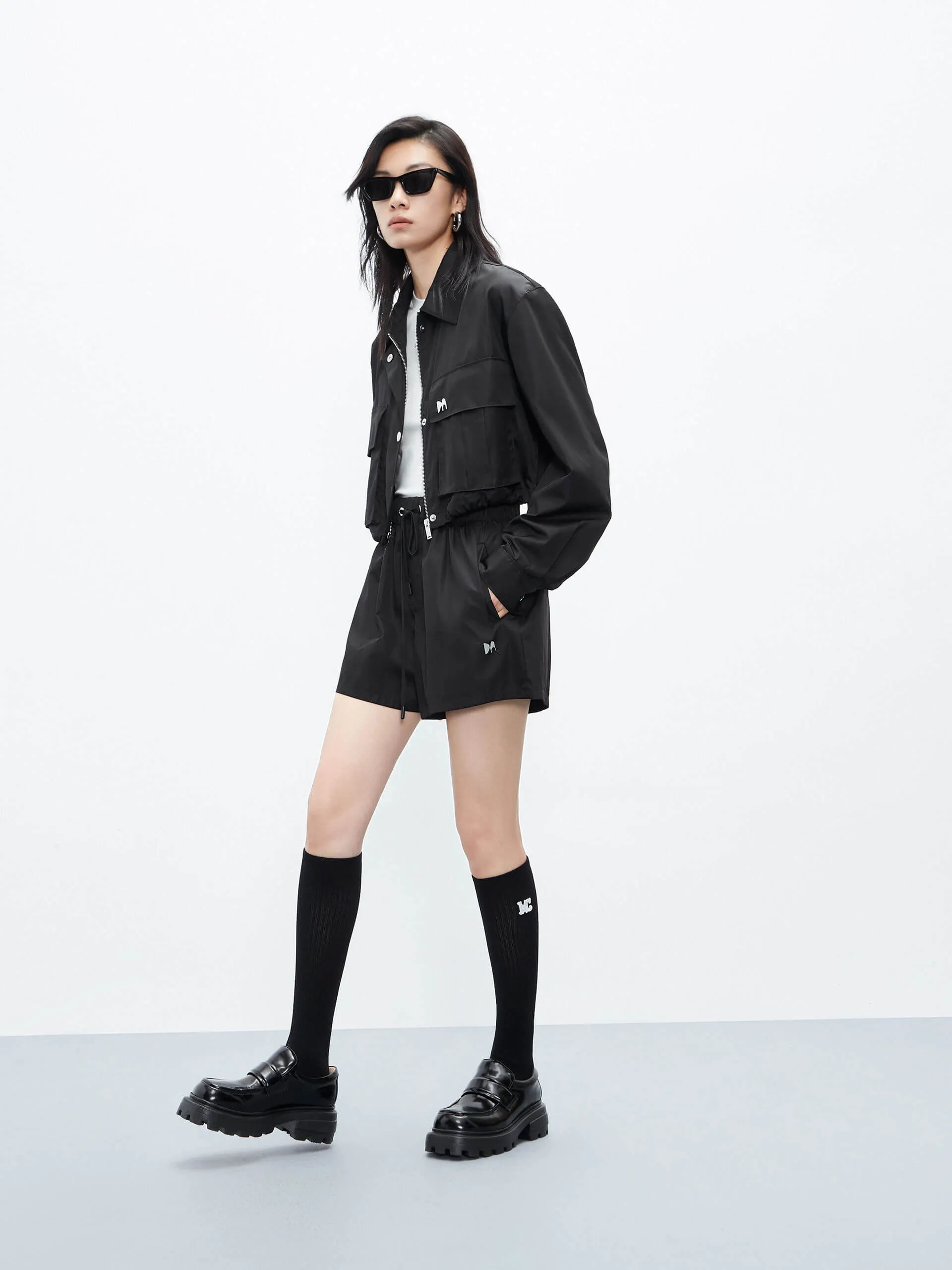 Cropped Drawstring Hem Coat