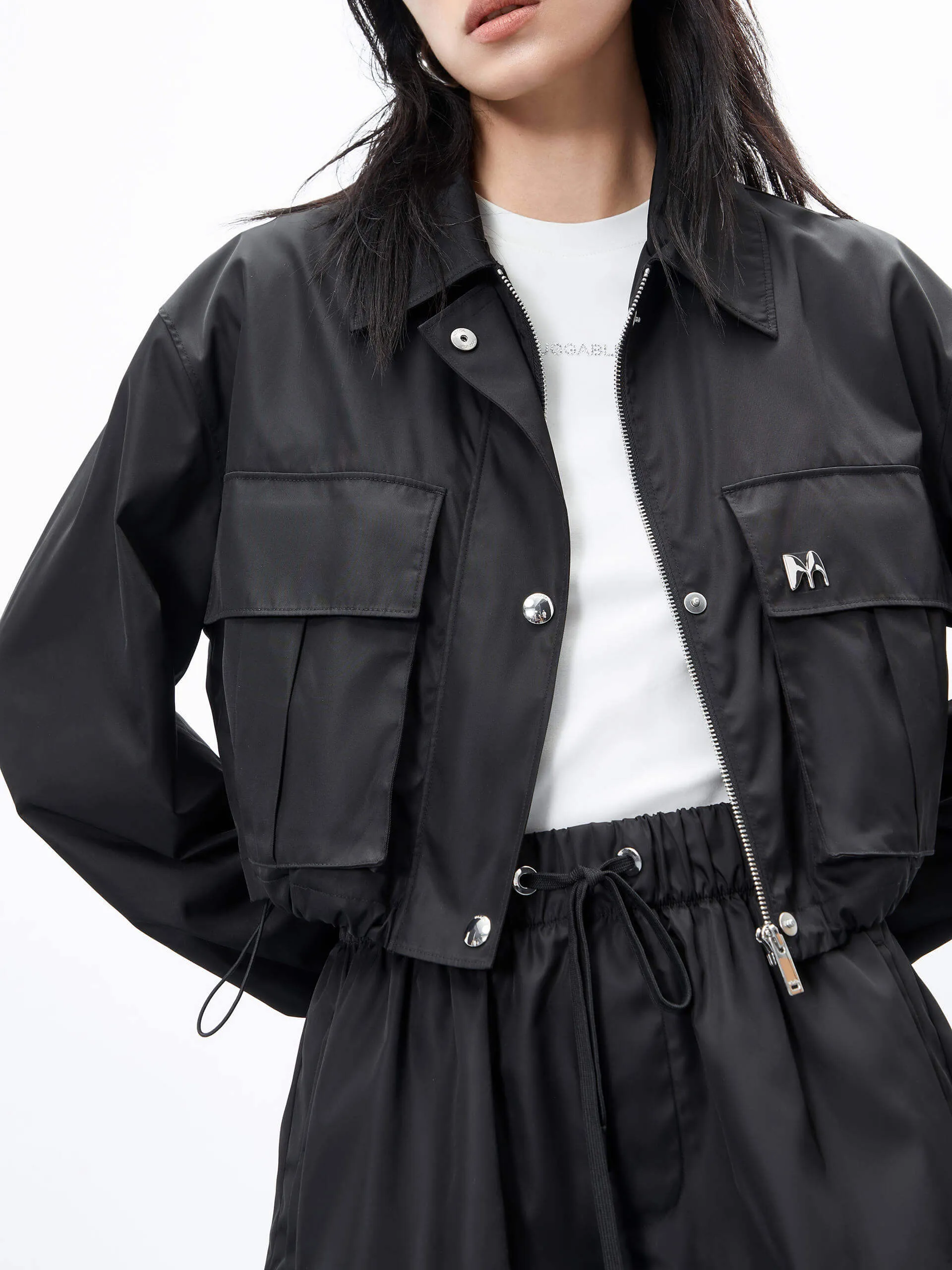 Cropped Drawstring Hem Coat