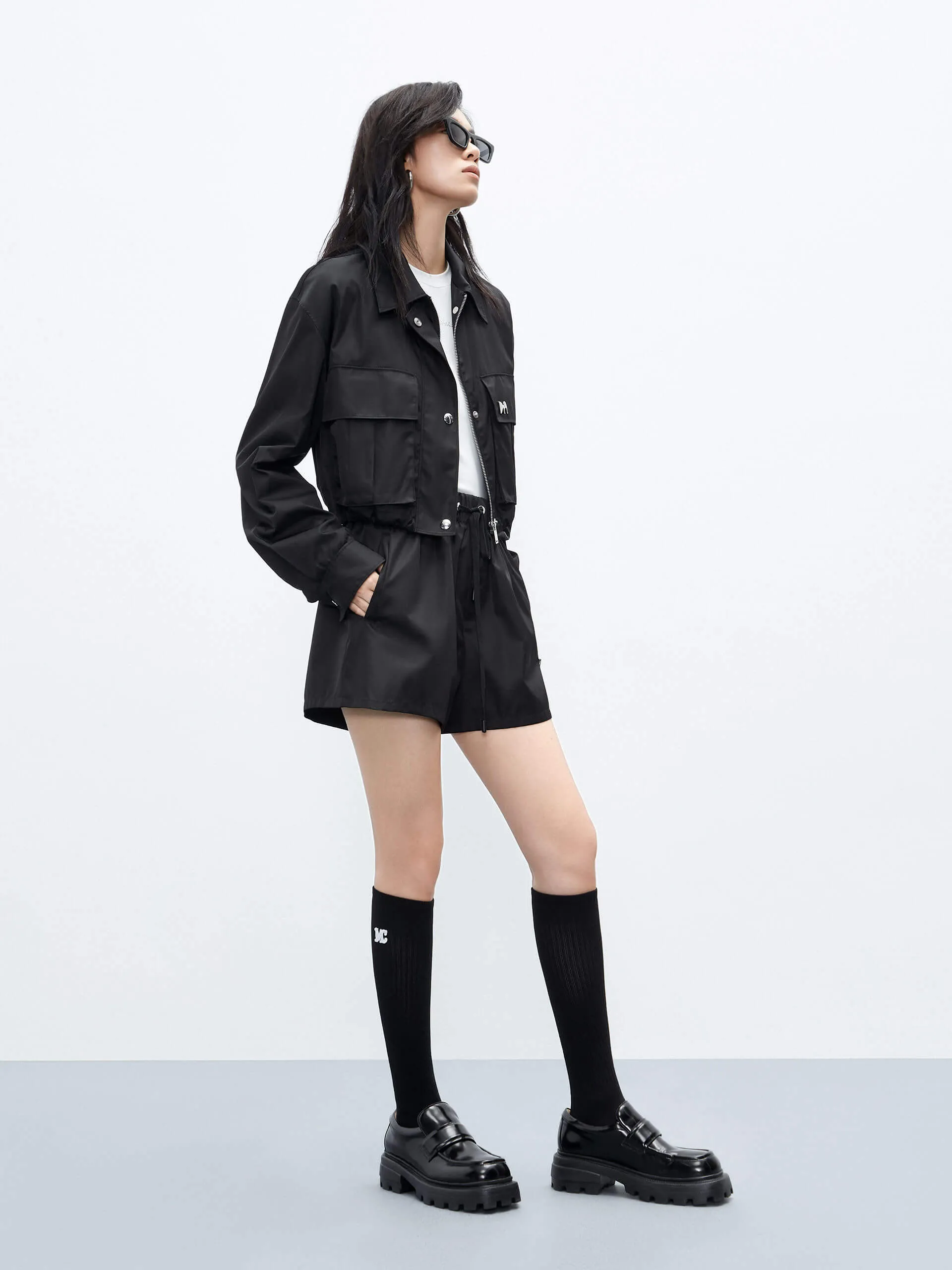 Cropped Drawstring Hem Coat
