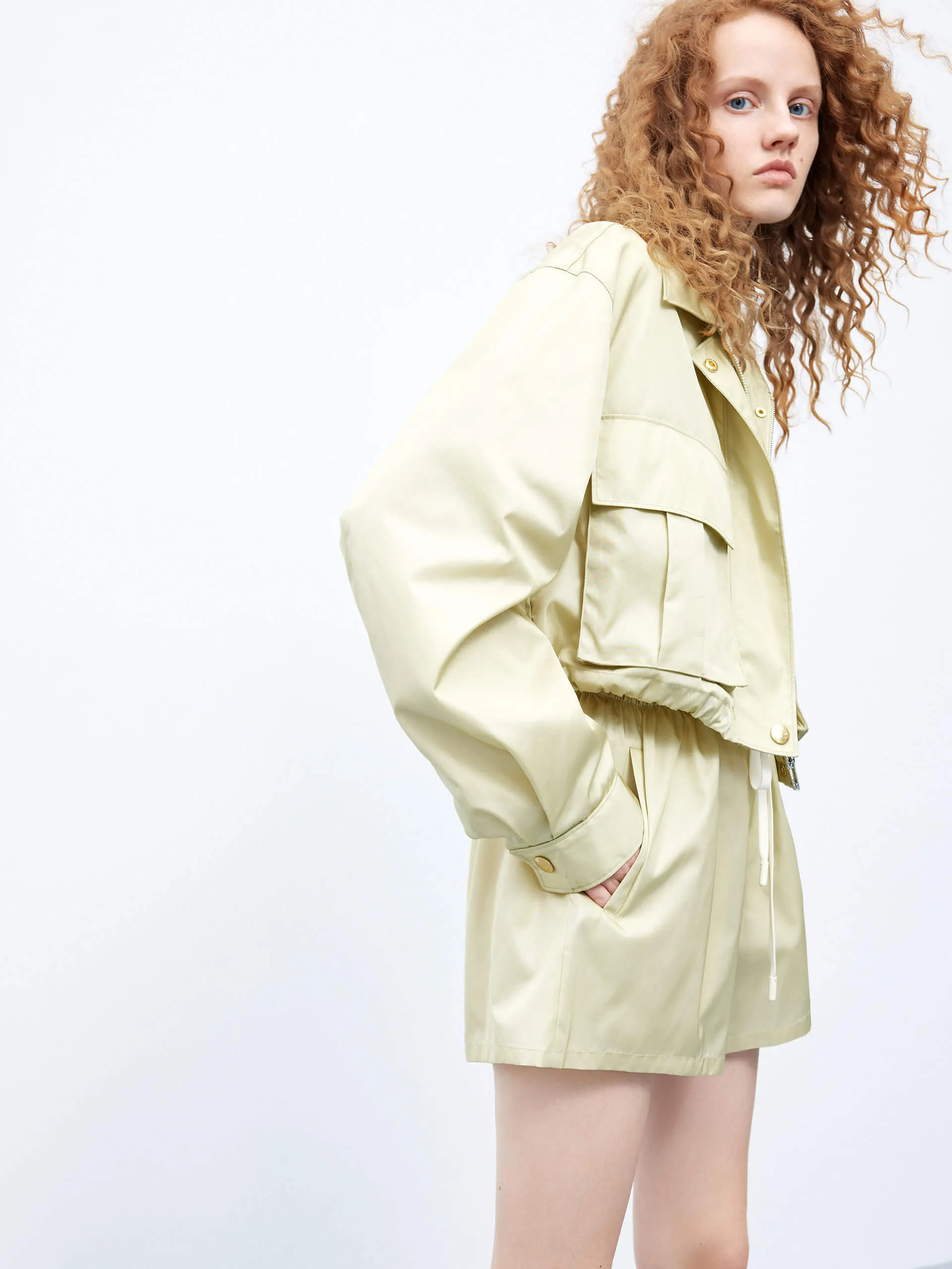 Cropped Drawstring Hem Coat