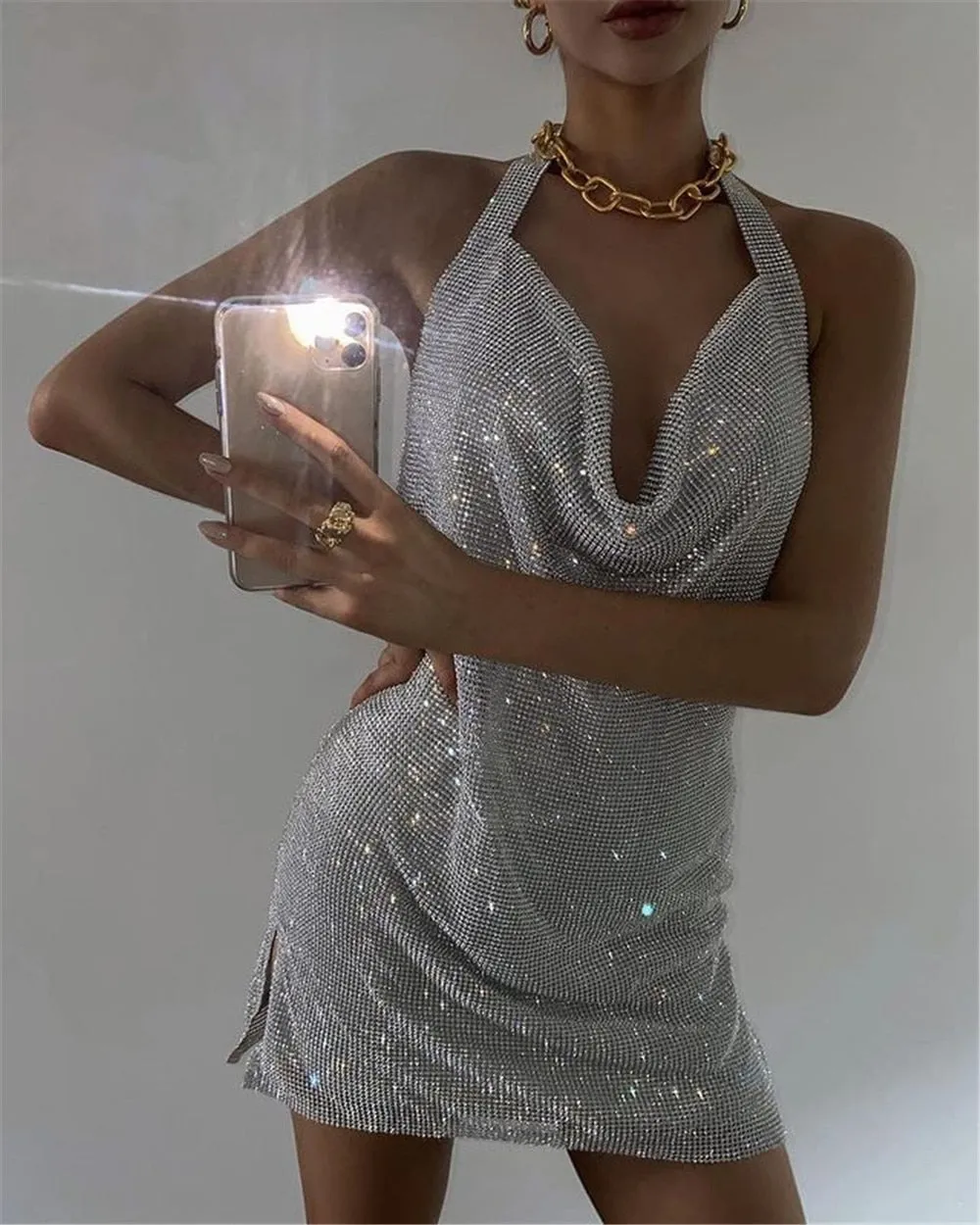deanwangkt  Rhinestone Mini Party Dresses Women Backless Pink Sexy Dress Halter Night Club Glitter Sequin Dress Vestidos Christmas