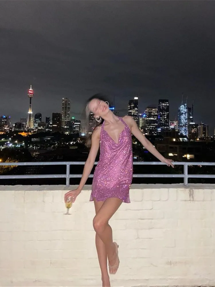 deanwangkt  Rhinestone Mini Party Dresses Women Backless Pink Sexy Dress Halter Night Club Glitter Sequin Dress Vestidos Christmas