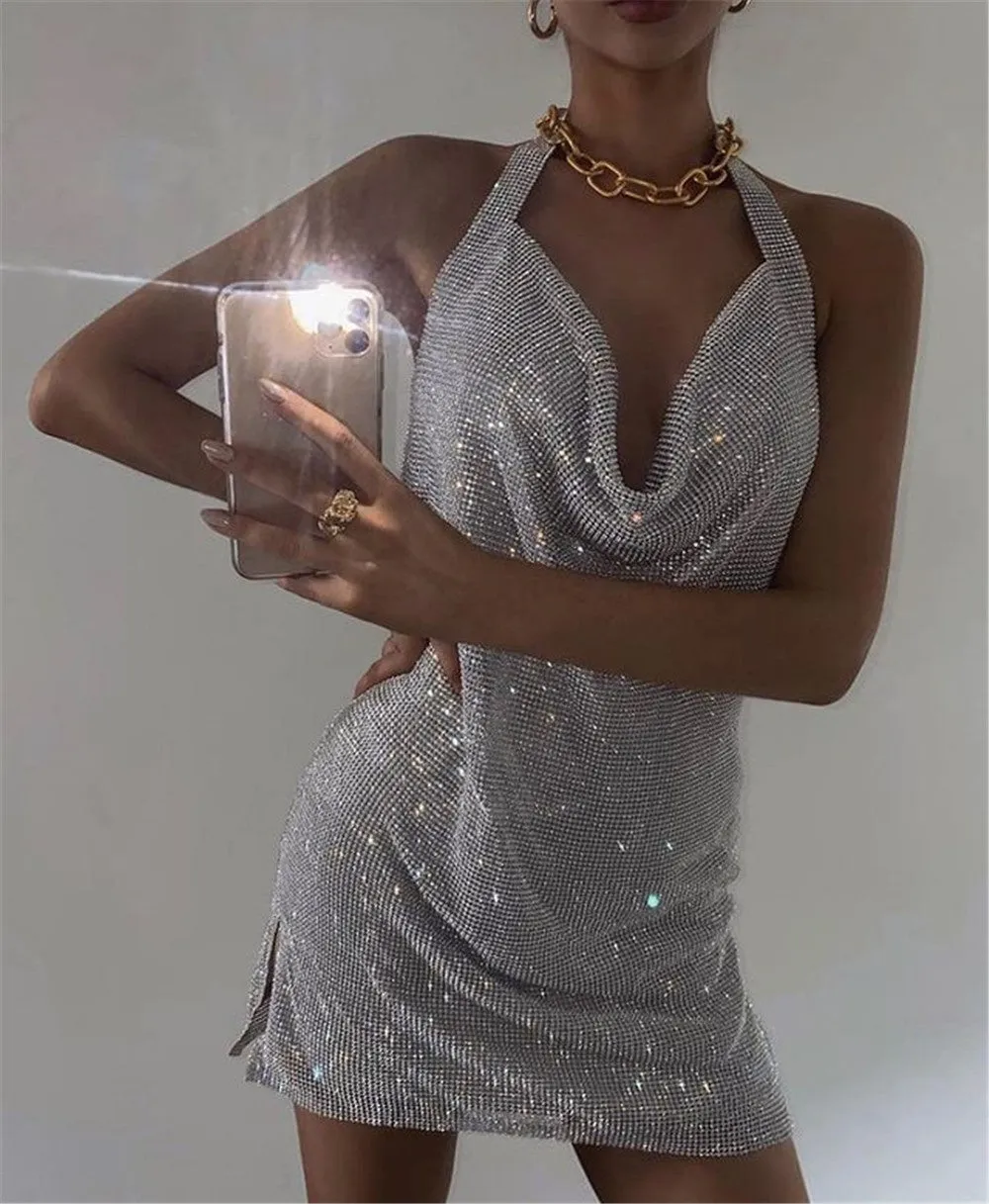 deanwangkt  Rhinestone Mini Party Dresses Women Backless Pink Sexy Dress Halter Night Club Glitter Sequin Dress Vestidos Christmas