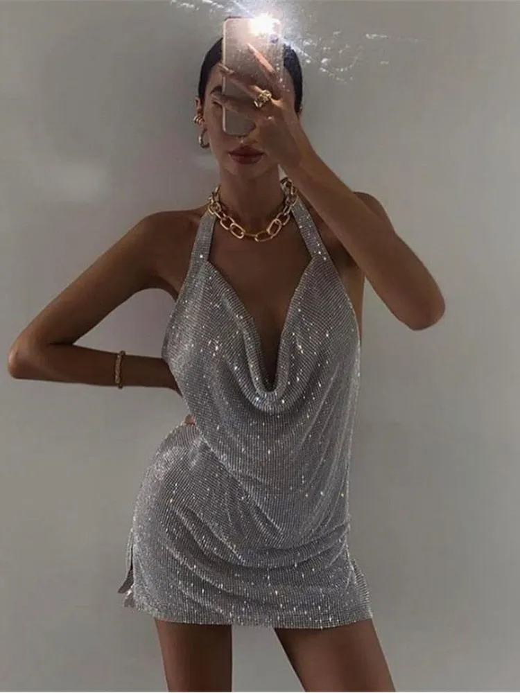 deanwangkt  Rhinestone Mini Party Dresses Women Backless Pink Sexy Dress Halter Night Club Glitter Sequin Dress Vestidos Christmas