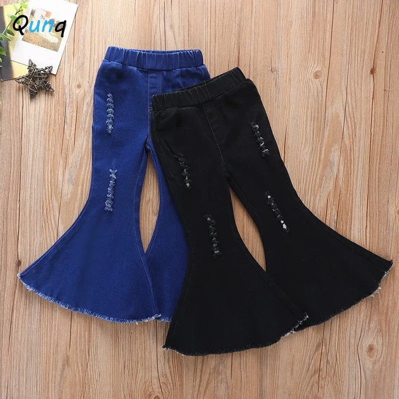 Denim Stretch Retro Mid Waist Flared Pants, 18M-9
