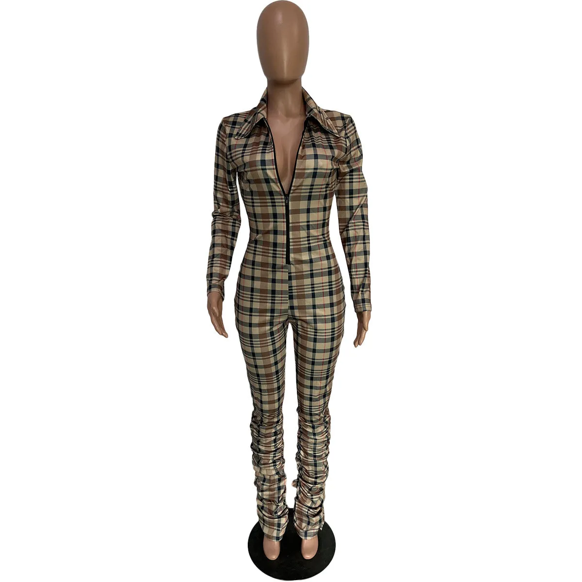 Fashion plaid pleated zipper jumpsuit(AY1635)
