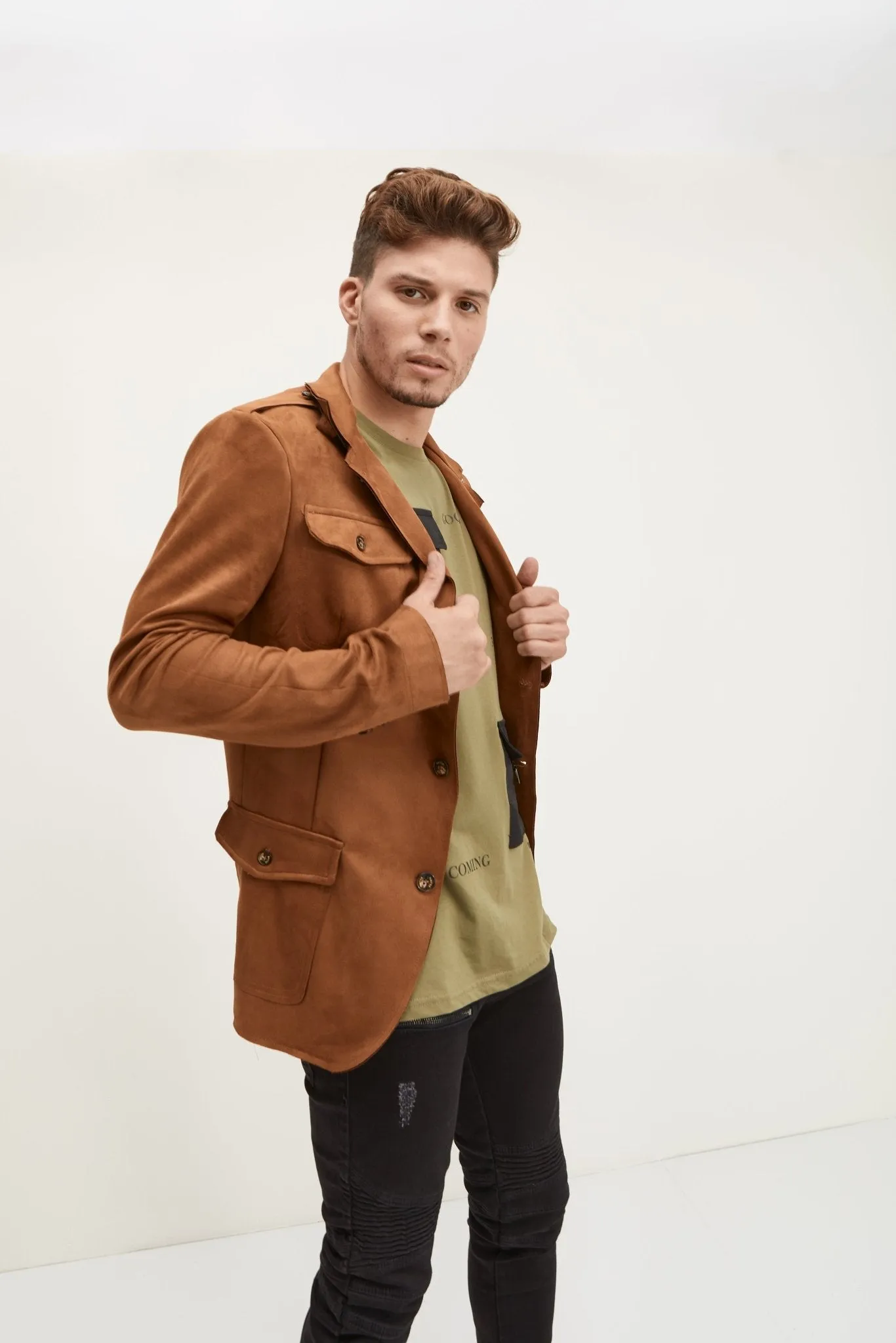 Faux Suede Safari Jacket - Camel