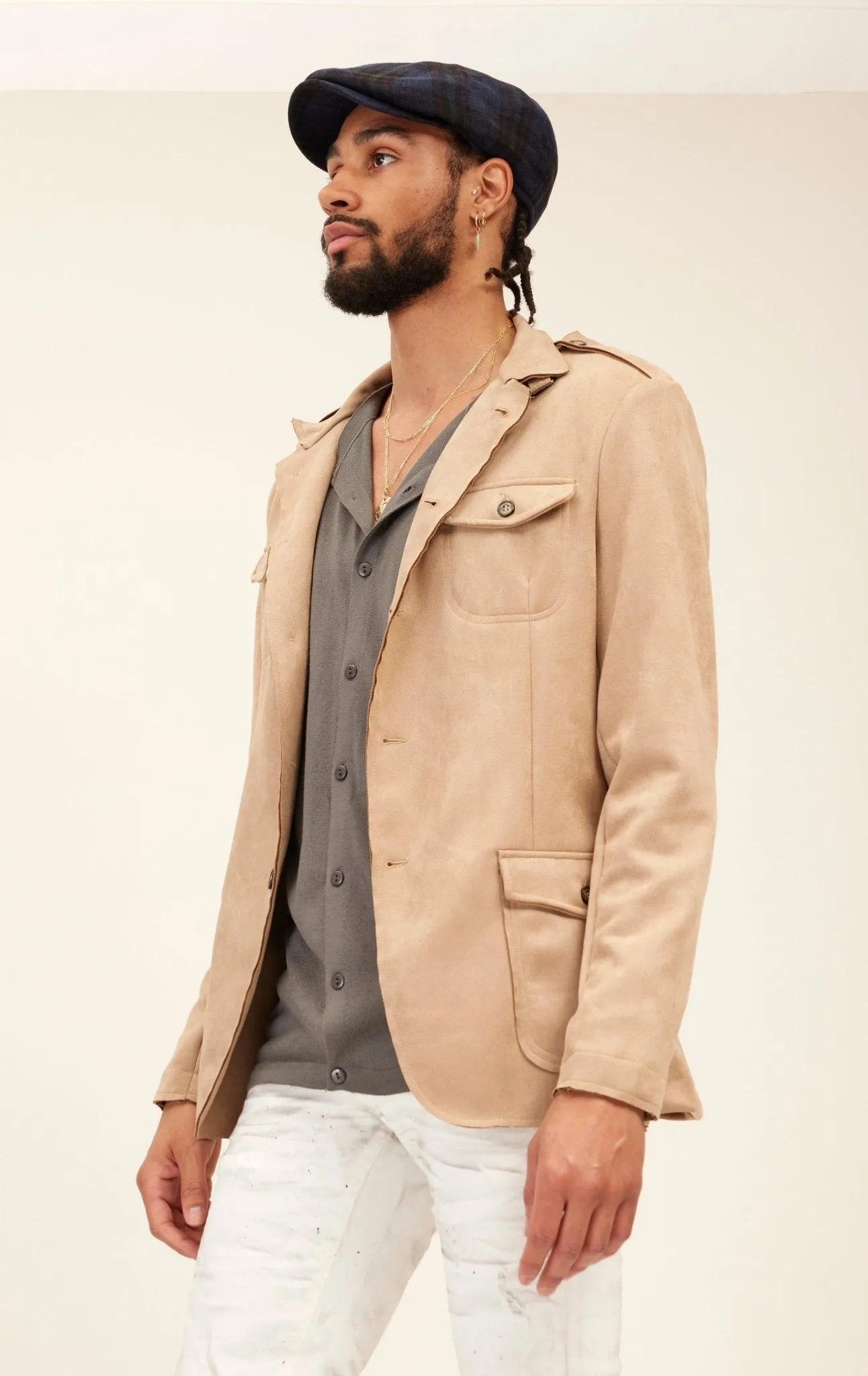 Faux Suede Safari Jacket - Stone