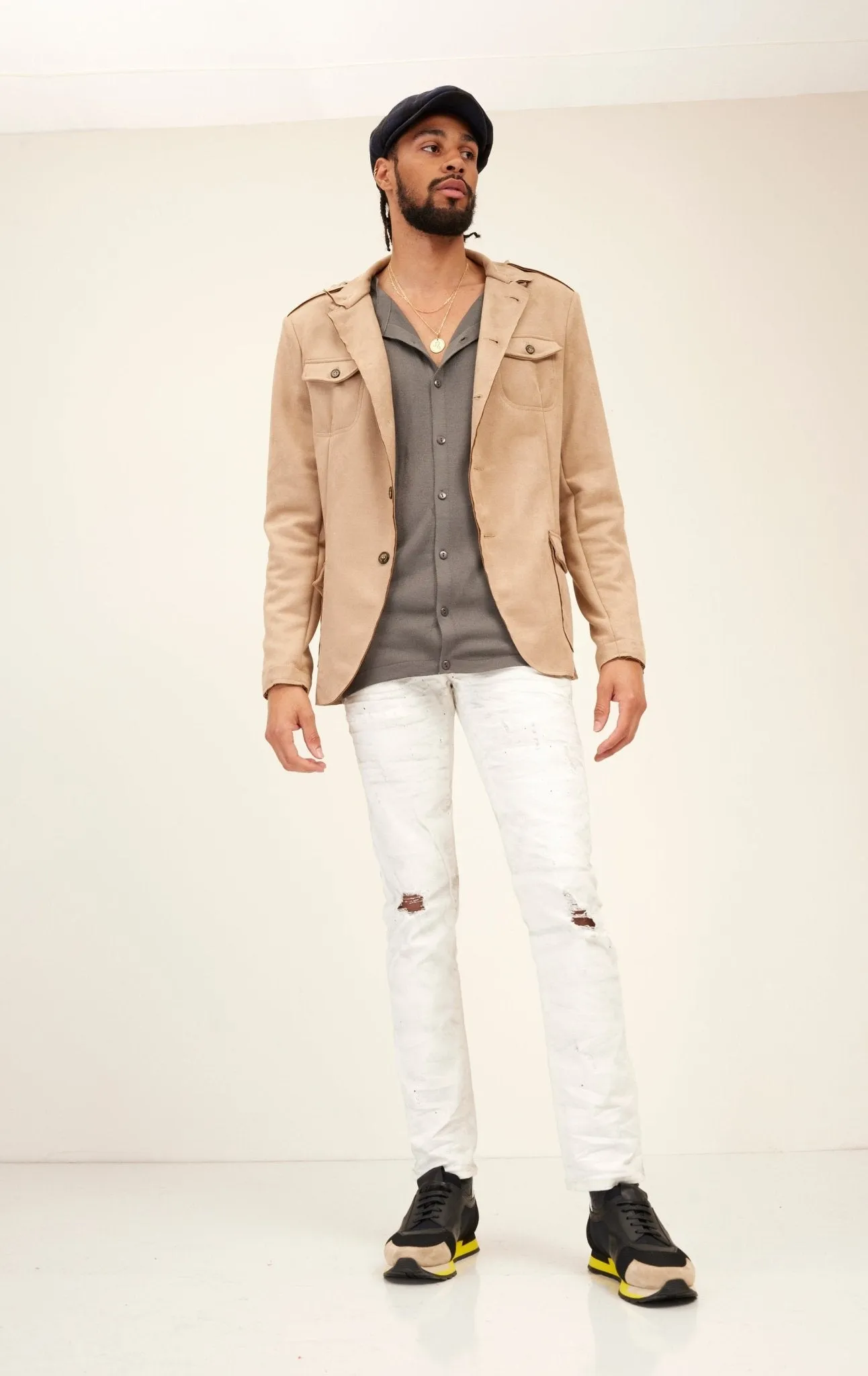 Faux Suede Safari Jacket - Stone