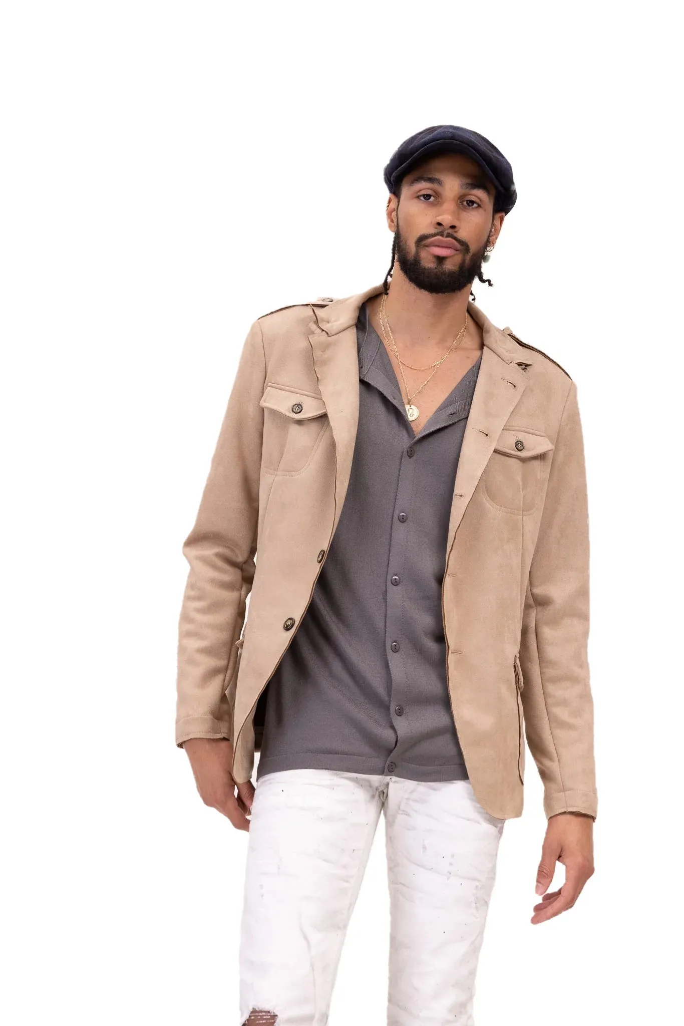 Faux Suede Safari Jacket - Stone