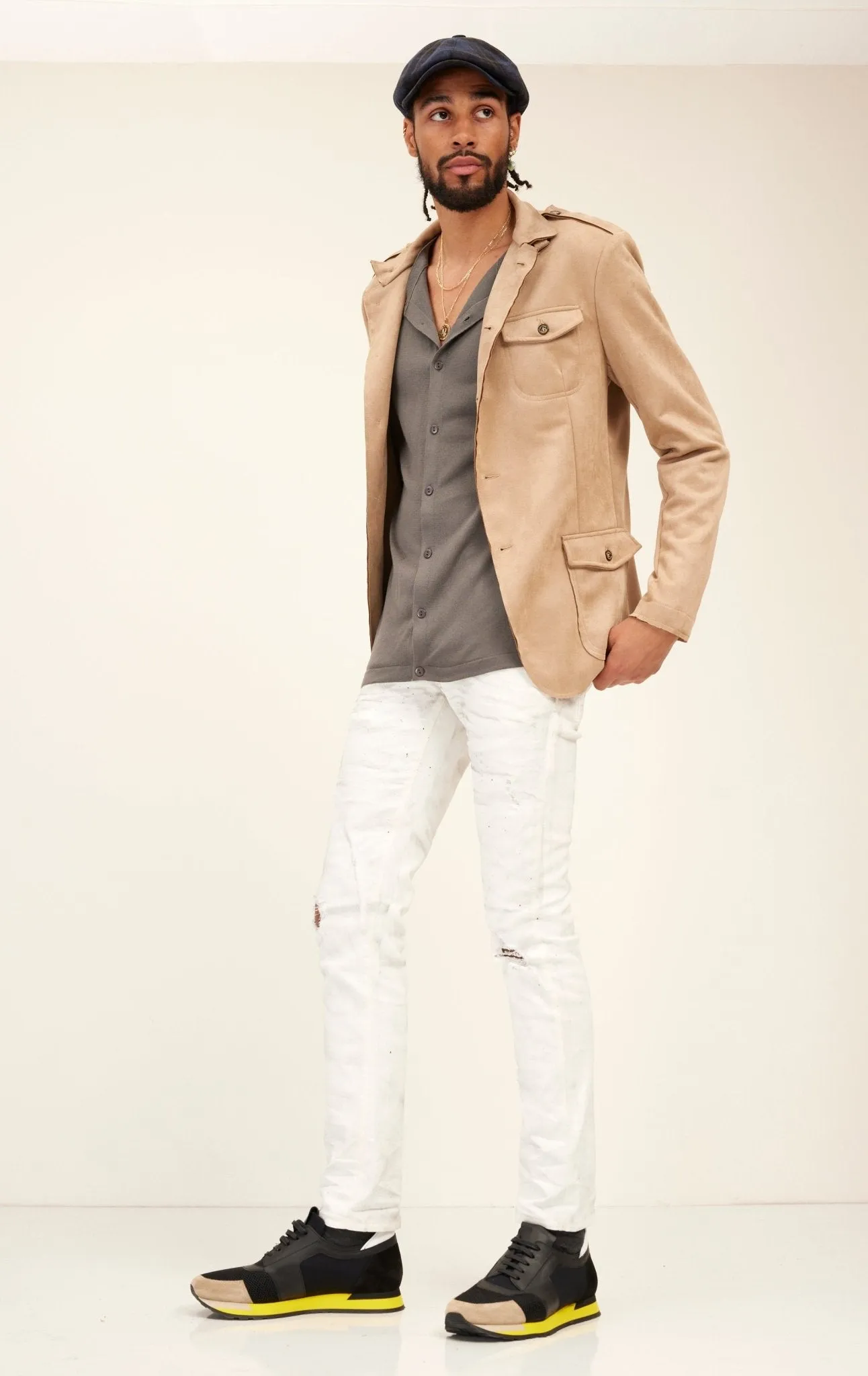 Faux Suede Safari Jacket - Stone