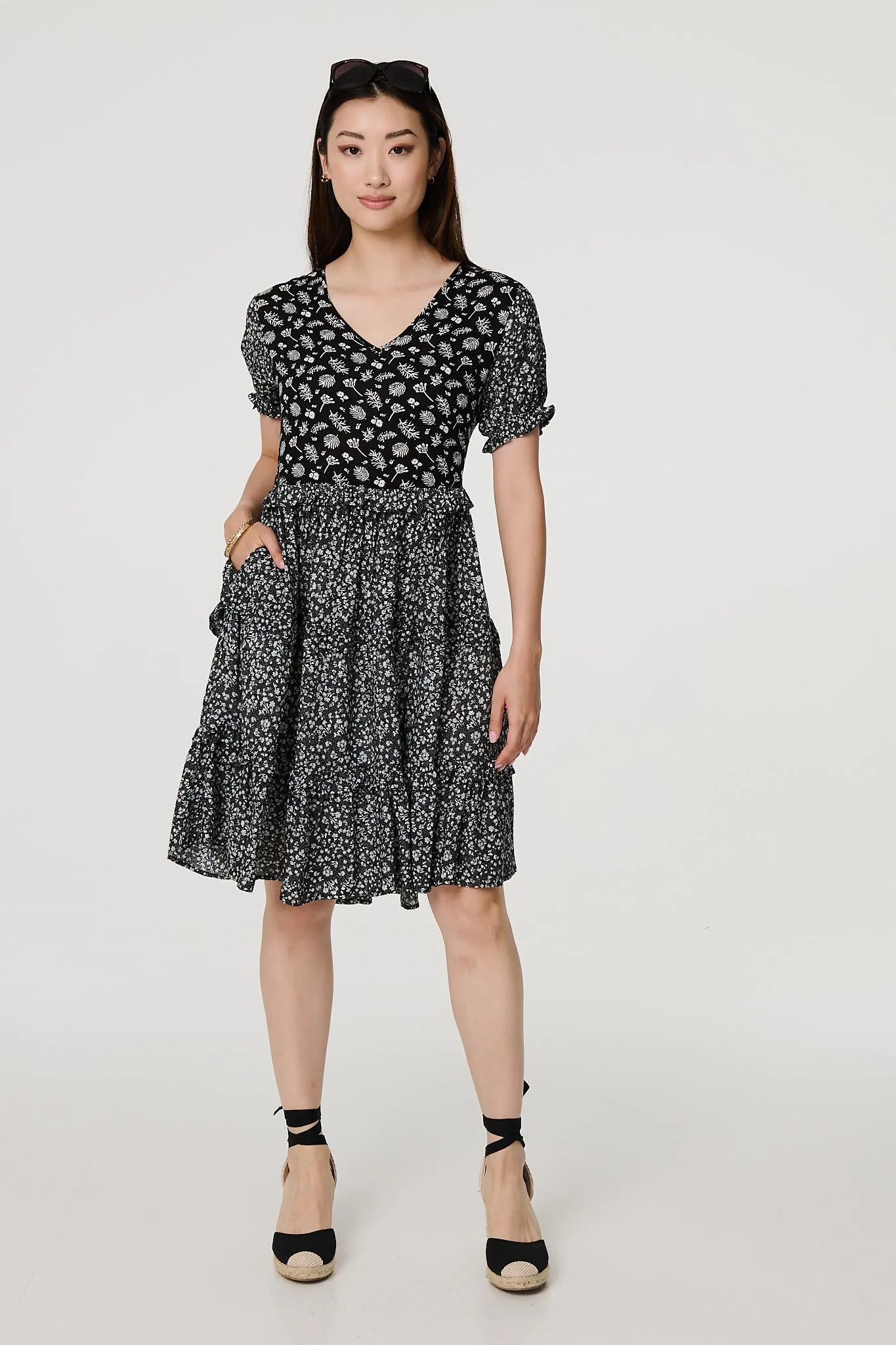 Floral Short Sleeve Tiered Skater Dress