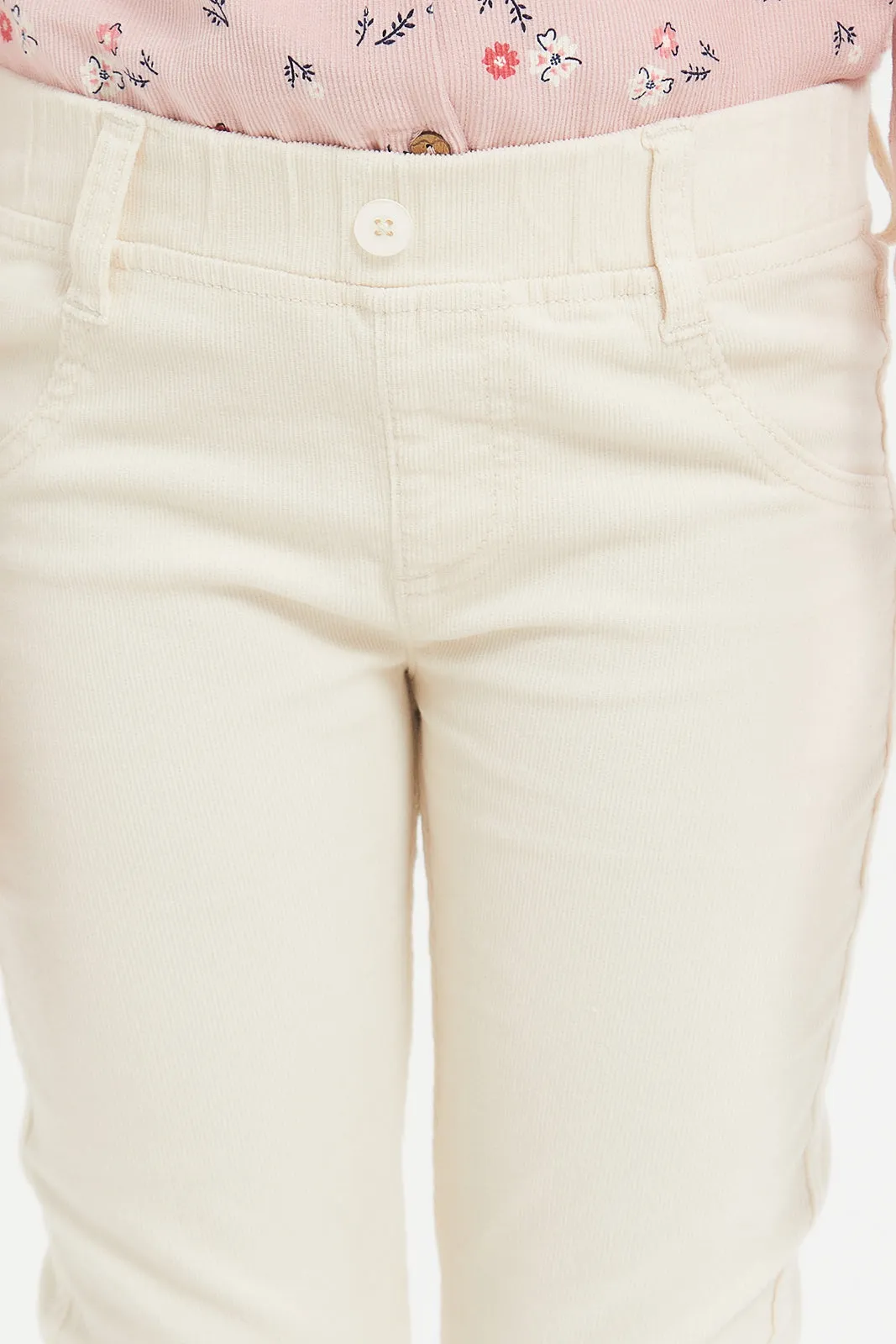 Girls Beige Woven Corduroy Jeggings