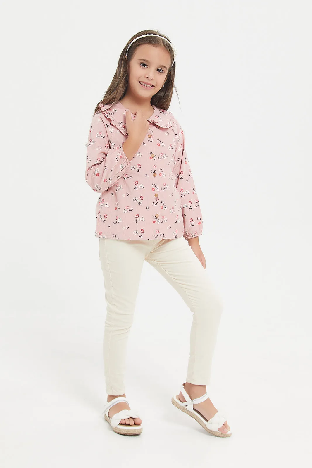 Girls Beige Woven Corduroy Jeggings