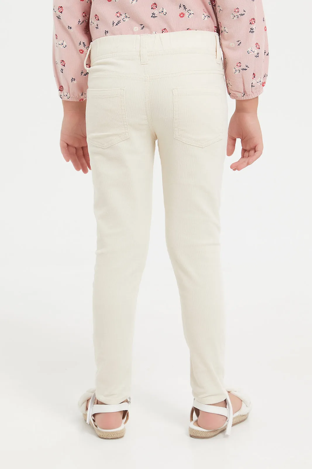 Girls Beige Woven Corduroy Jeggings