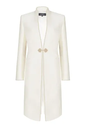 Ivory Dress Coat in Summer Brocade with Cord Trim and Frogging - Vicky