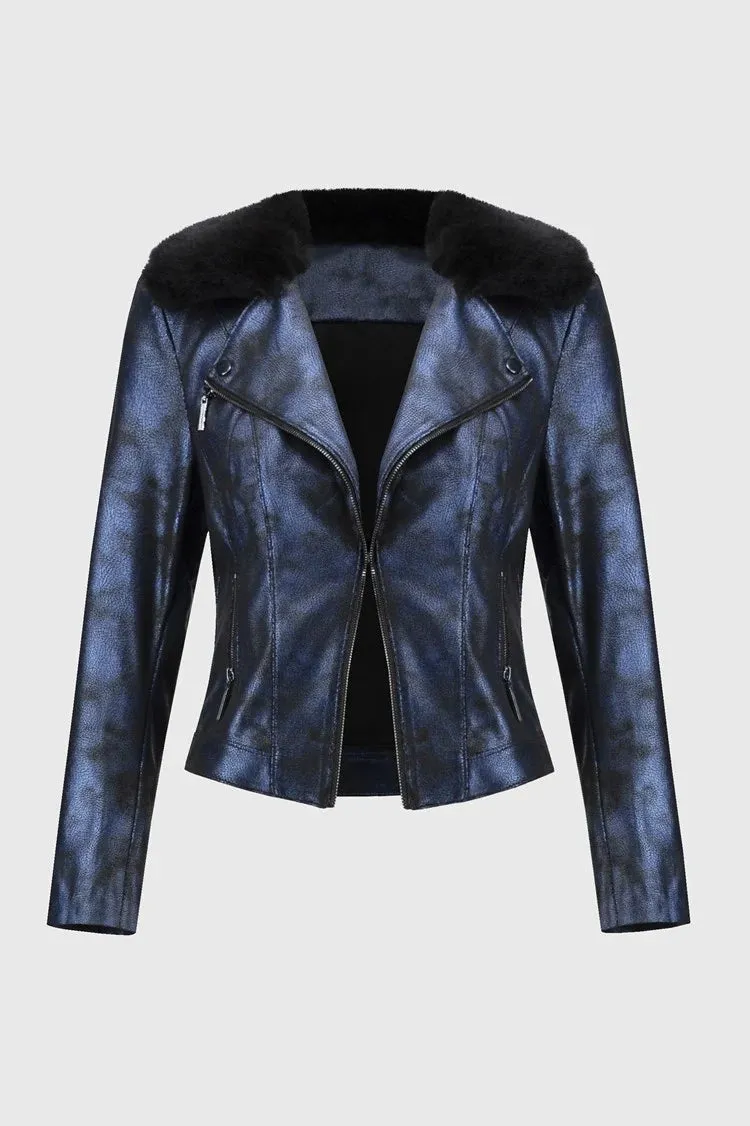 Joseph Ribkoff Foiled Suede Jacket With Faux-Fur Collar
