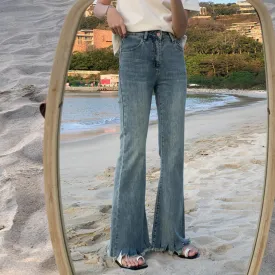 [Korean Style] High Waist Vintage Wash Raw-hem Cut Flare Jeans