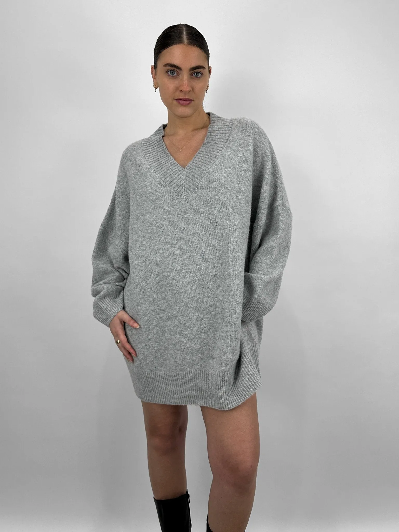 Oversized V Neck Knit Sweater Dress