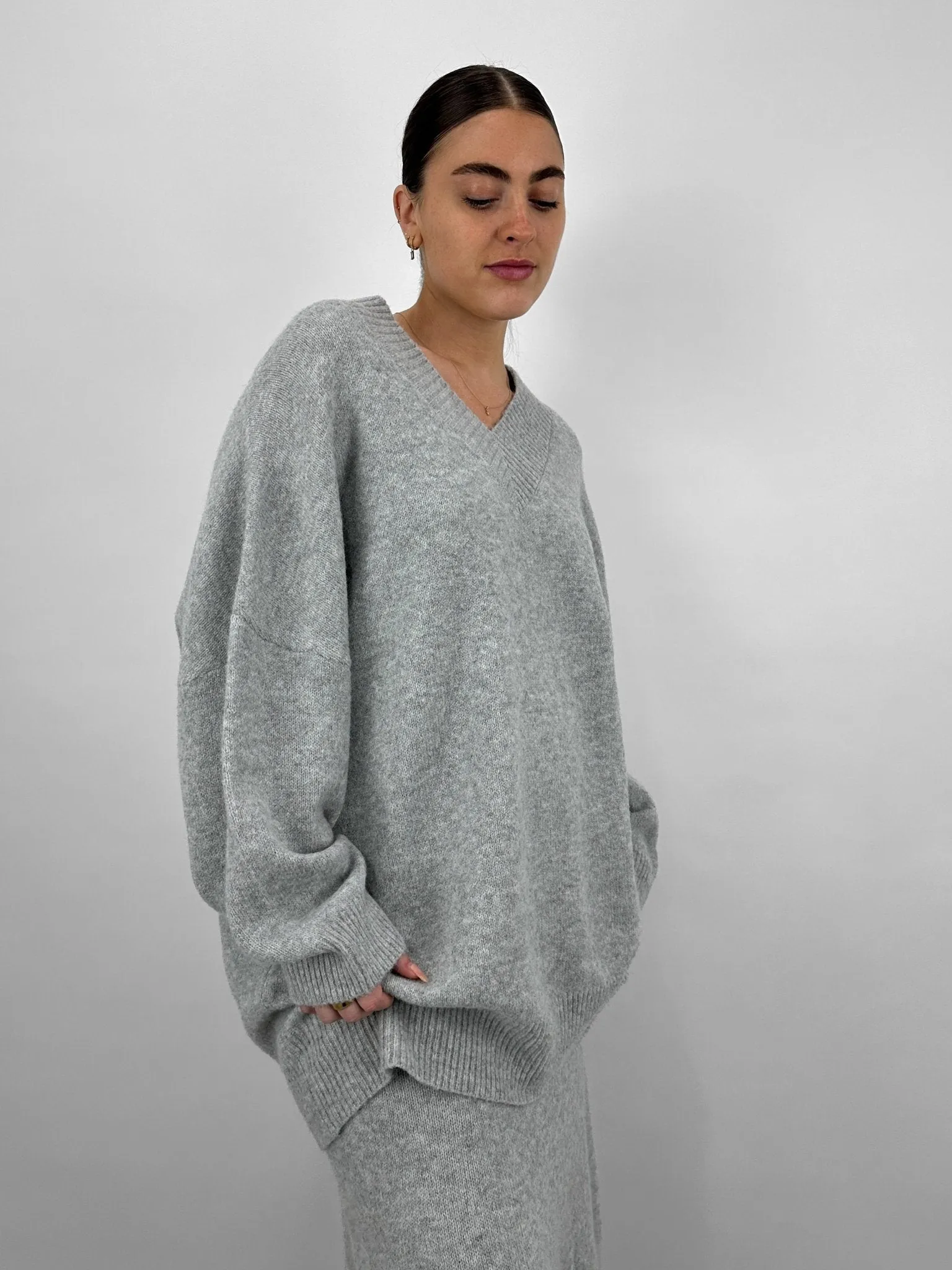 Oversized V Neck Knit Sweater Dress