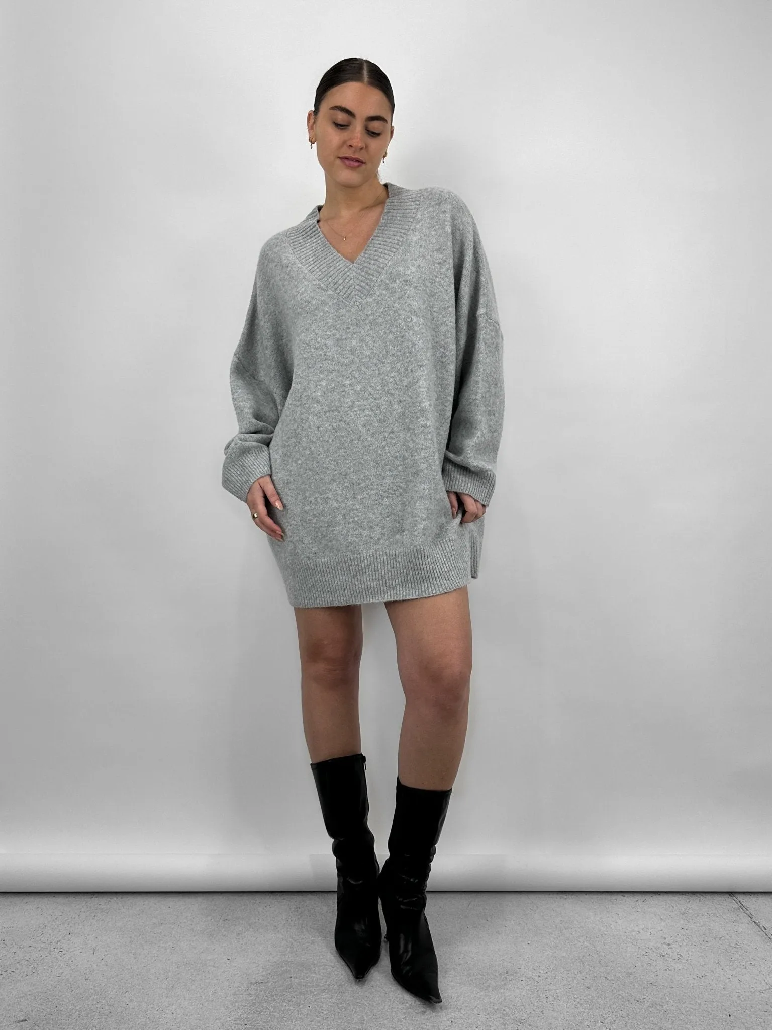 Oversized V Neck Knit Sweater Dress