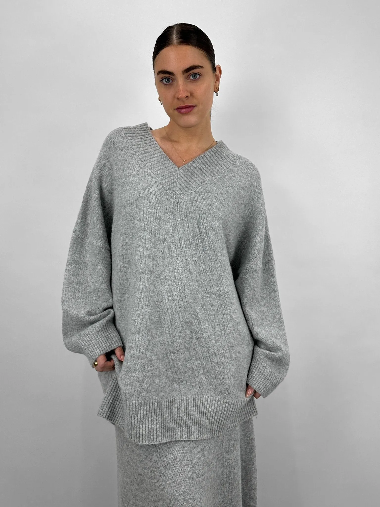 Oversized V Neck Knit Sweater Dress