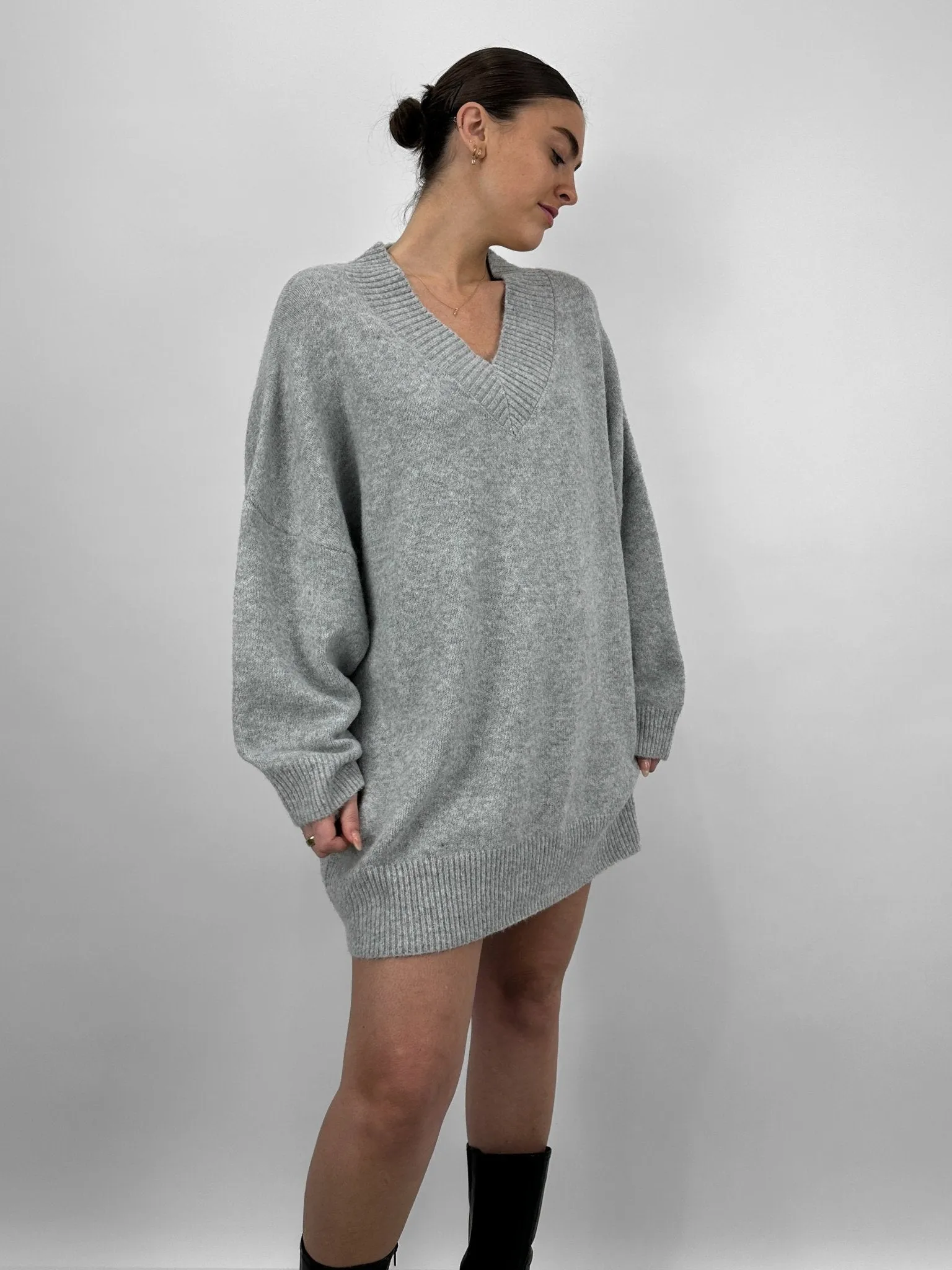 Oversized V Neck Knit Sweater Dress