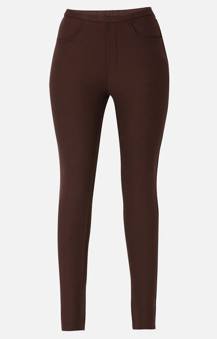 Spykar Women Brown Cotton Skinny Fit Mid Rise Jeggings