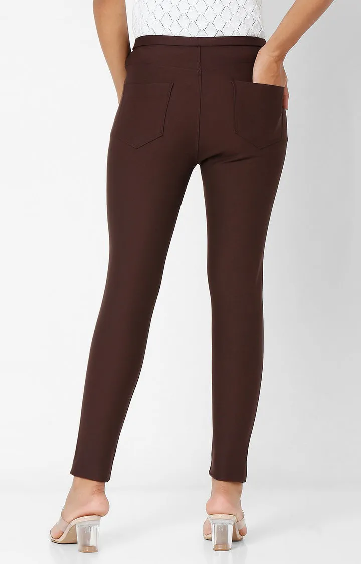 Spykar Women Brown Cotton Skinny Fit Mid Rise Jeggings