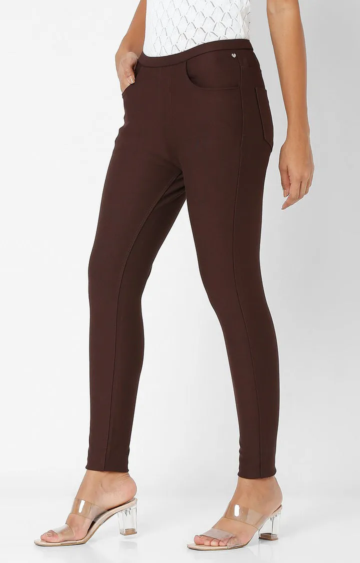 Spykar Women Brown Cotton Skinny Fit Mid Rise Jeggings