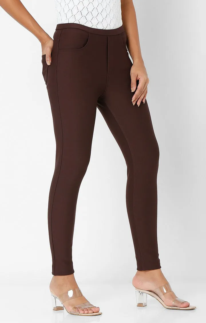 Spykar Women Brown Cotton Skinny Fit Mid Rise Jeggings
